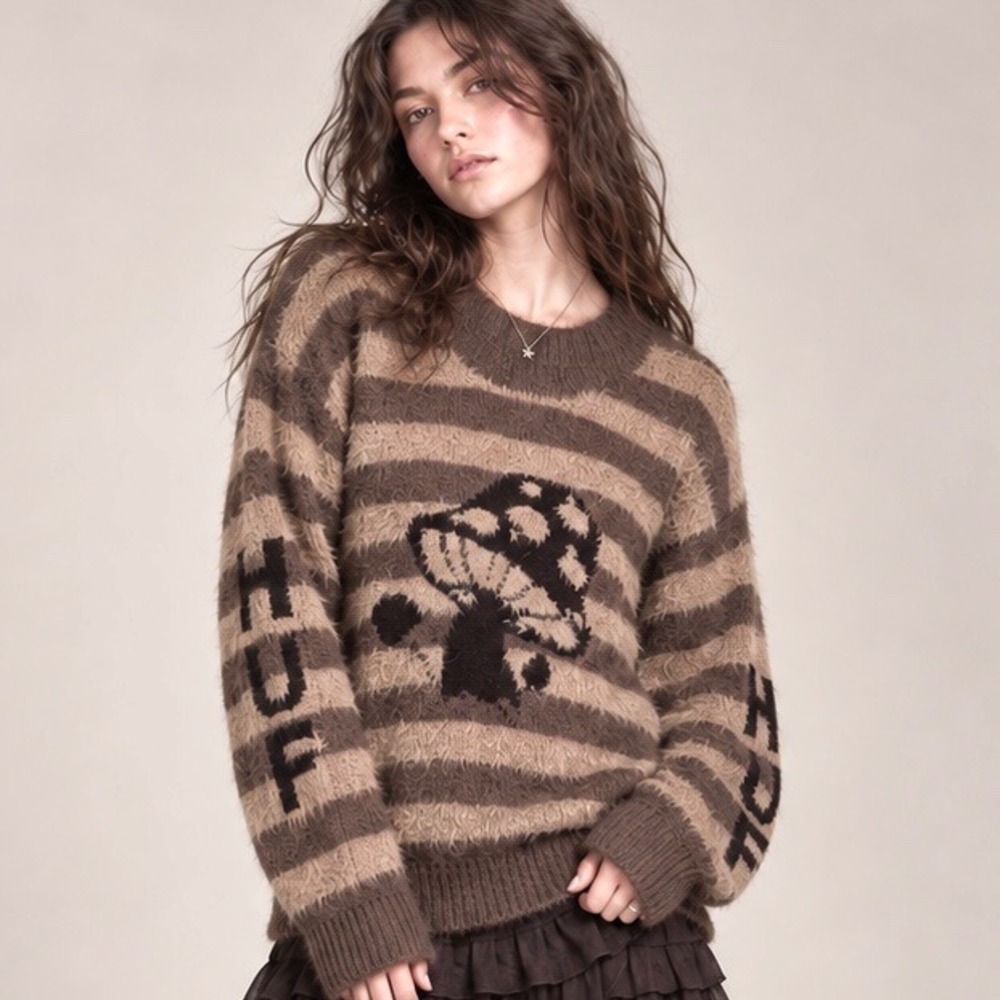 HUF Shroom Sweater Mushroom Fuzzy Faux Mohair Striped Brown Goblincore Grunge L